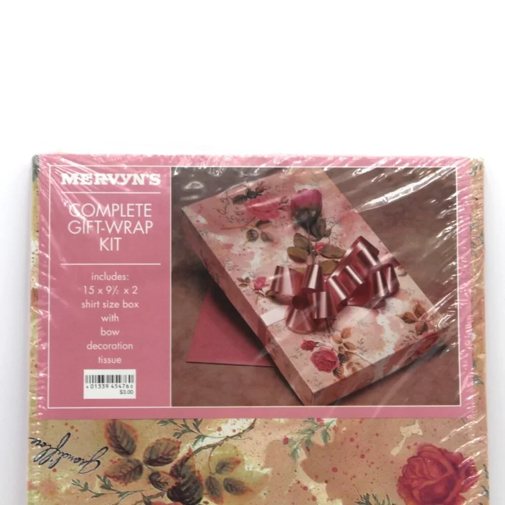 NOS MERVYN'S Complete Gift Wrap Kit Rose Theme Shirt Box With Bow Rose & Paper